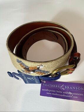 NWT Smathers & Branson Tan Needlepoint Belt with Bird Motif